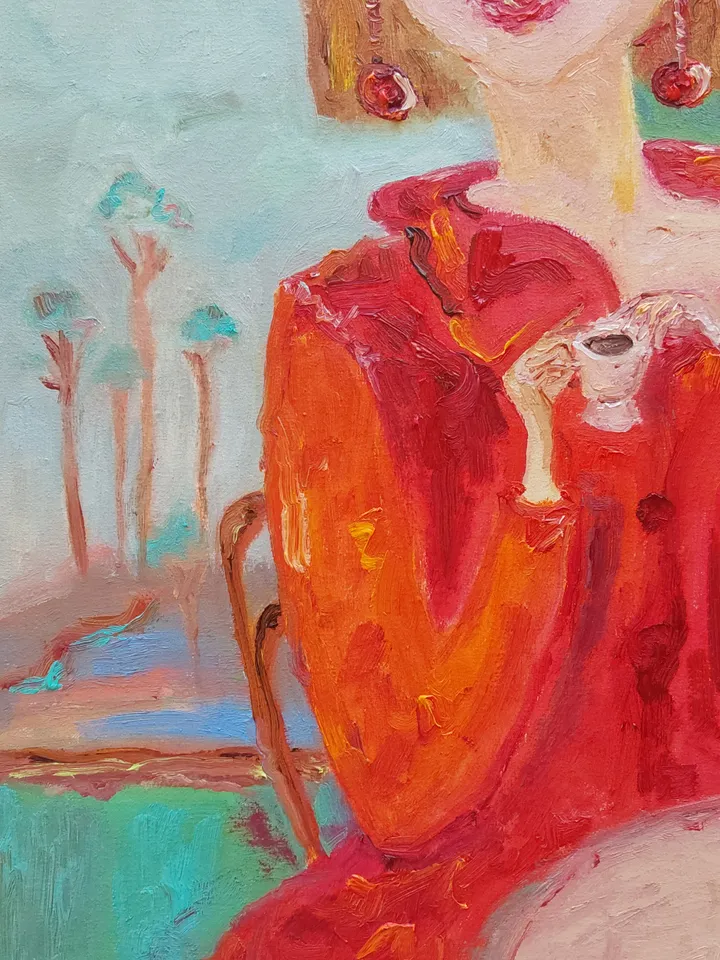 Oil painting on canvas "Portrait of woman in red. Imitating Modigliani" 40x50cm (16x20inch)The painting is sold. A copy is possible.