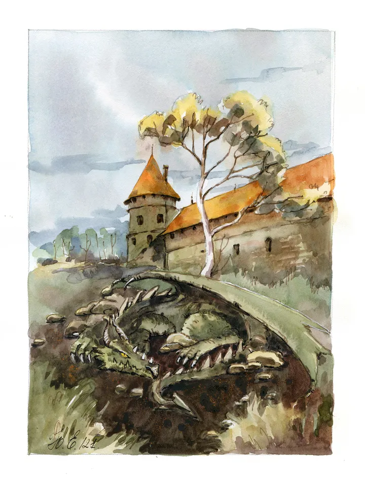 Fantasy dragon castle art Original watercolor painting by Yulia Evsyukova