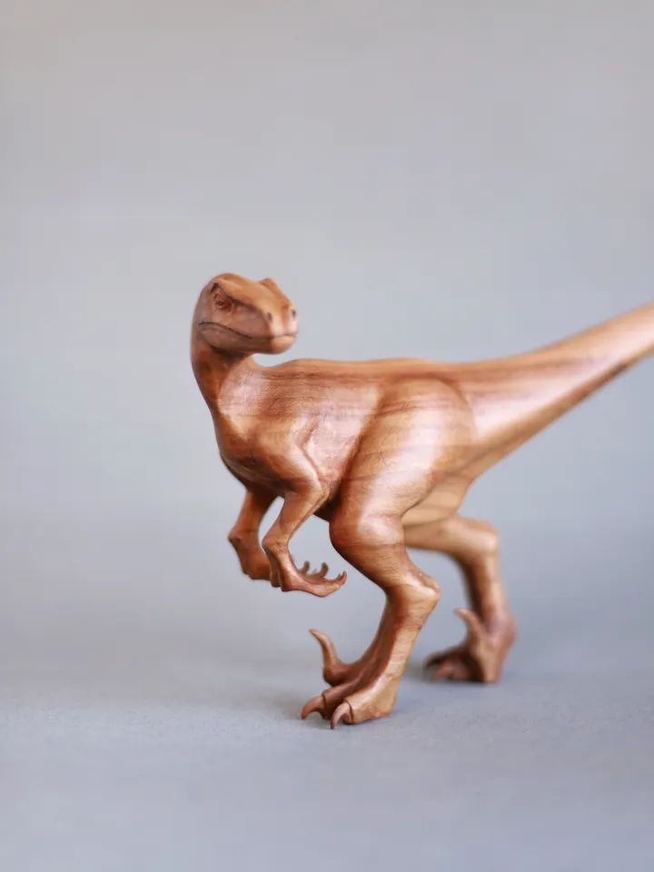 Wooden dinosaur Velociraptor, wooden hand carved sculpture