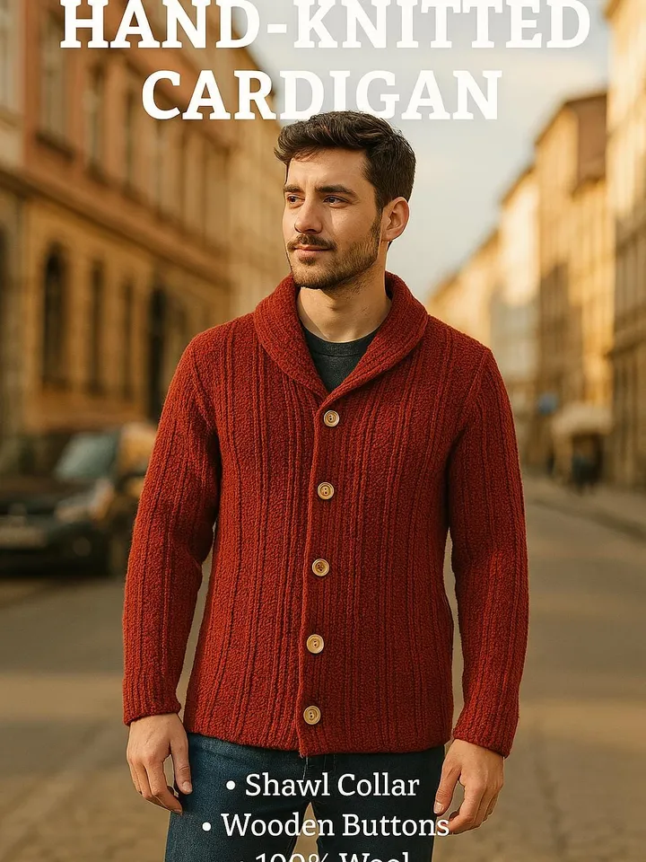 Handmade Knit Man Cardigan - Cozy Wool Blend Jumper