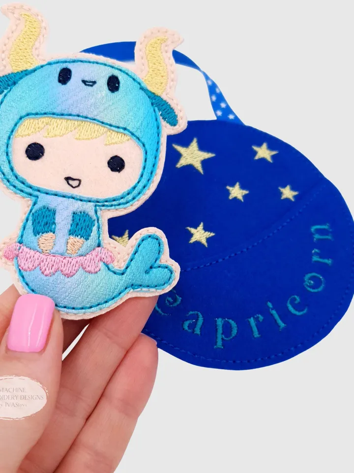 ITH Capricorn Zodiac Finger Puppet & Bag Embroidery Design, Goat Star Sign Toy, 4x4 Hoop Christmas Ornament
