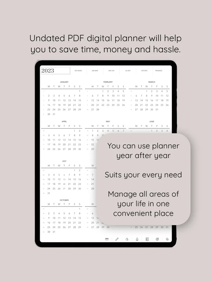 Undated digital planner. GoodNotes PDF planner. Hyperlinked Android Planner