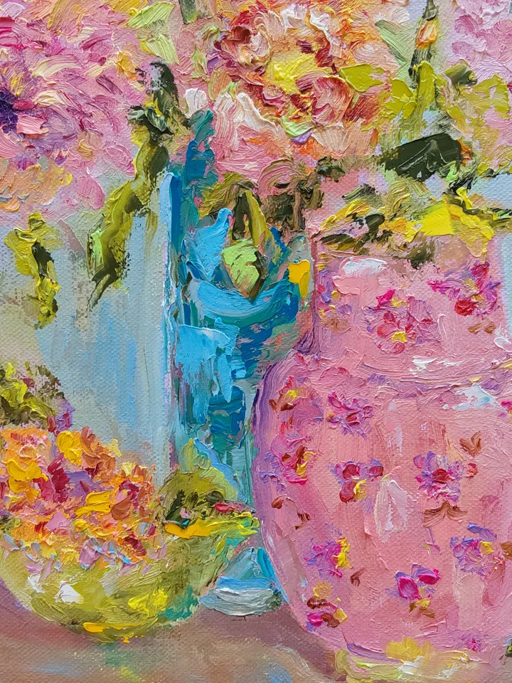 Oil painting on canvas 30x40cm (12x16inch) "Still life with dahlias and chrysanthemums"