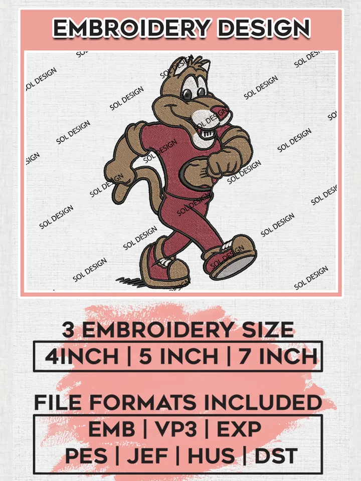 Charleston Cougars College Football Team Mascot  Logo Embroidery Design Files, NCAA Charleston Cougars Machine Embroidery, NCAA Teams, Game Day, 3 sizes, NCAA Machine embroidery designs, Digital Download