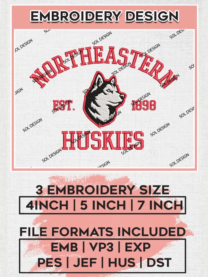 Northeastern Huskies Est 1898 Logo Embroidery Designs, NCAA Northeastern Huskies Team Embroidery, NCAA Team Logo, 3 sizes, Machine embroidery Files, Digital Download
