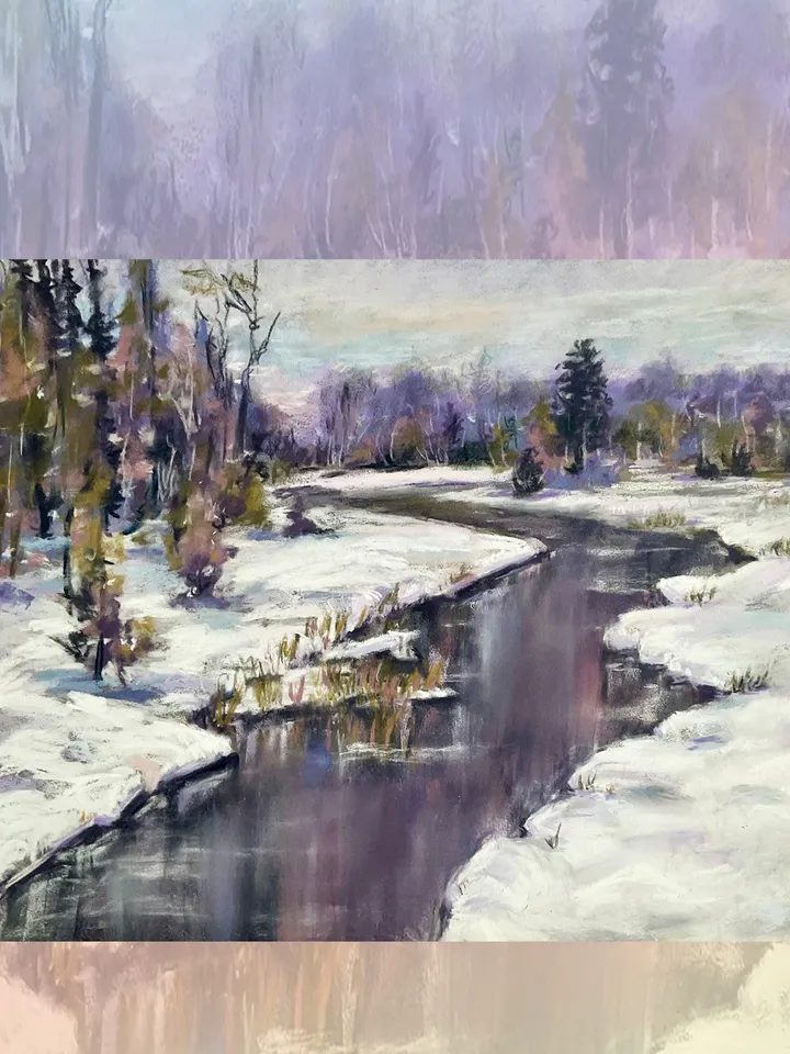 Original Winter River Landscape – 12x16 Pastel Artwork on Pastelmat by IrenFfantasyArt