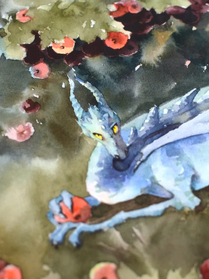 Blue dragon Original Fantasy art Watercolor painting by Yulia Evsyukova