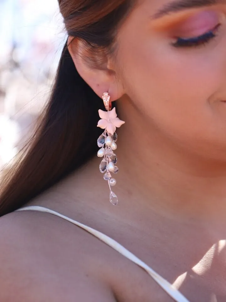 Rose Gold Delicate Porcelain Flower Blush Wedding Earrings, Long Boho Wedding Earrings, Pearl Bridal Jewelry Set, Floral Statement Earrings
