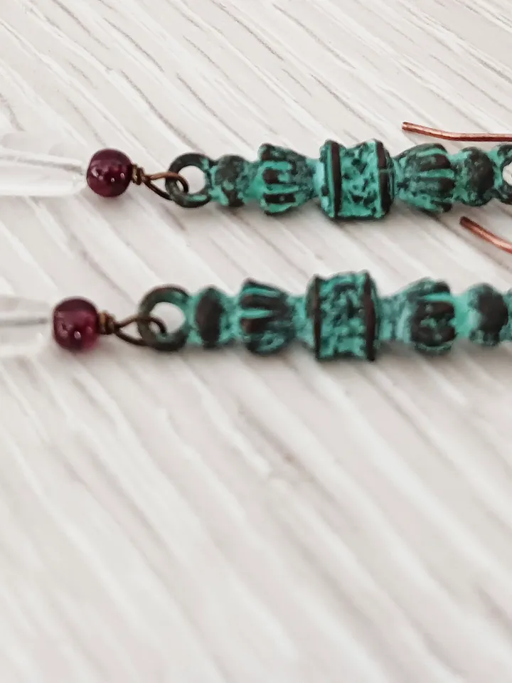 Boho Shabby chic Vintage style and natural copper earrings Textured patinated with a Quartz and garnet beads