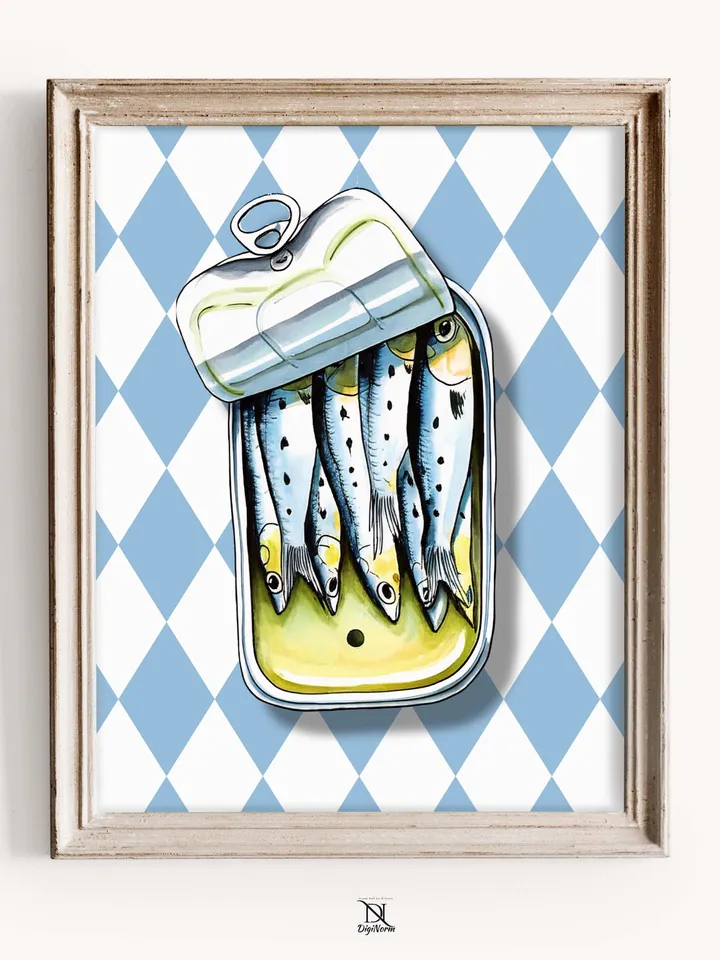 Retro Sardine Tin Art Print: Coastal Kitchen Illustration (Digital Download)