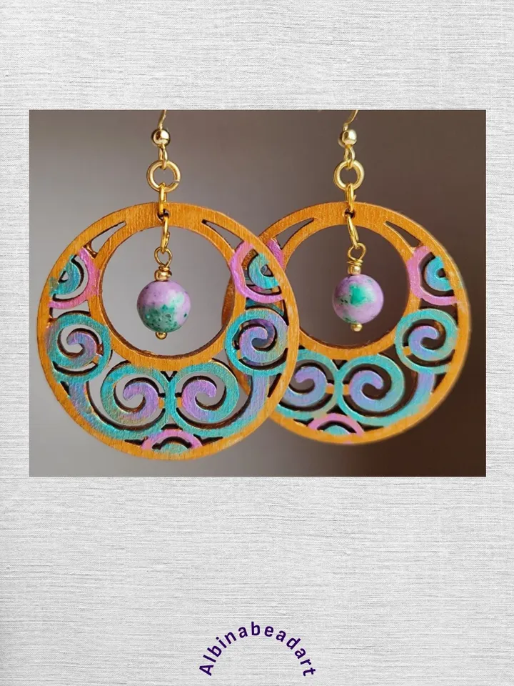 Round lightweight earrings with zoisite ethnic earrings with hand painting