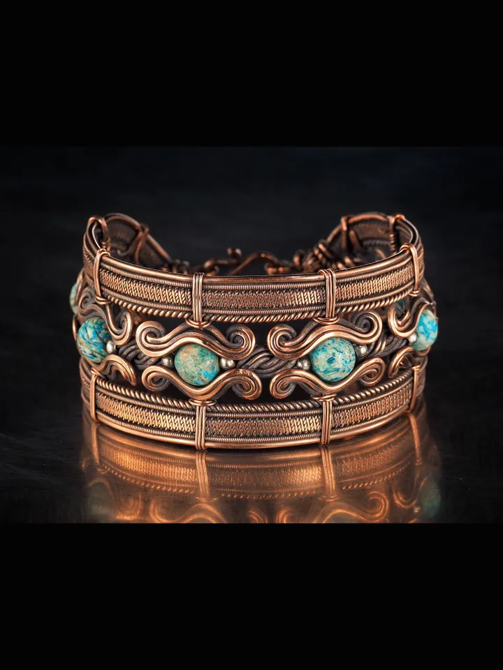 Copper wire wrapped bracelet with chrysocolla for lady Antique style WireWrapArt