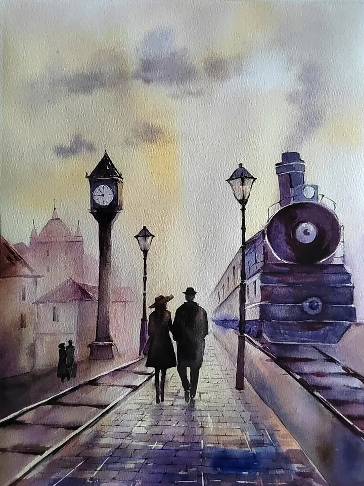 Railway Station Artwork Original Watercolor Painting Vintage Train Art 10.63x14.57 in by Art Café