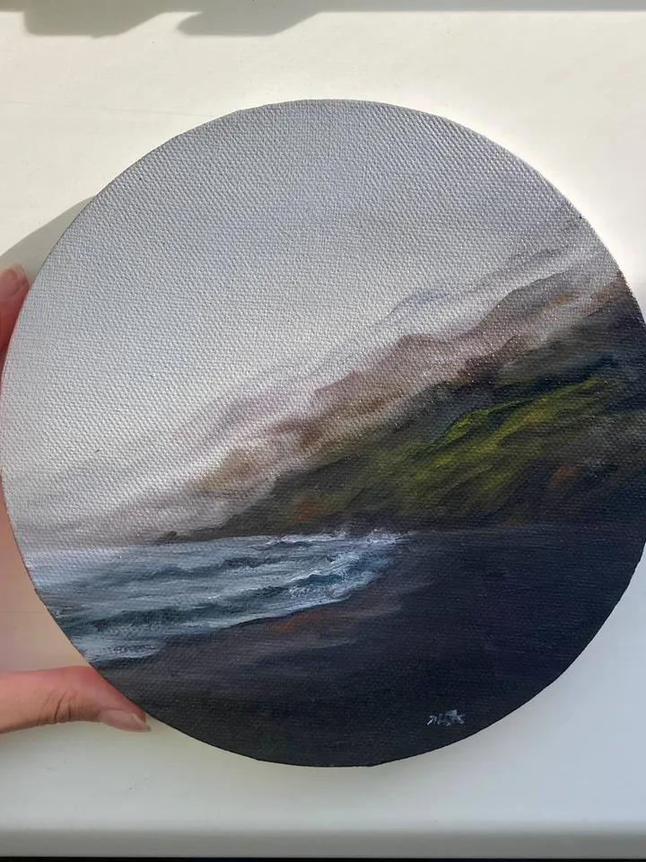 Small Landscape Round Oil Painting Dark Ocean Art Original Moody Victorian Painting Coastal Wall Decor 8 by 8 Art