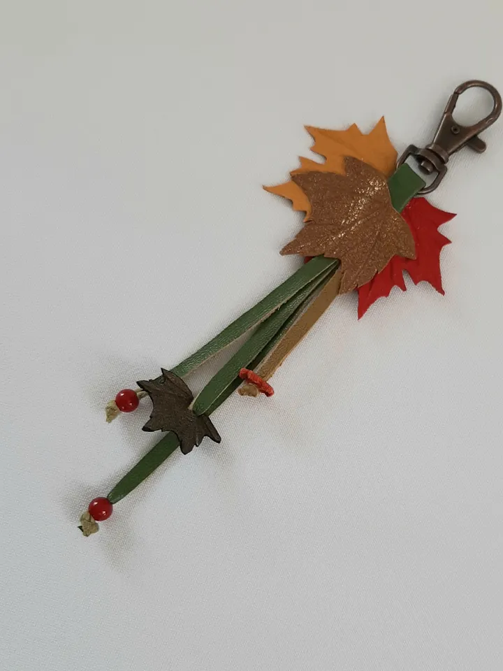 Orange maple Leaf Keychain Leather tassel charm Leather Pendant, art.3