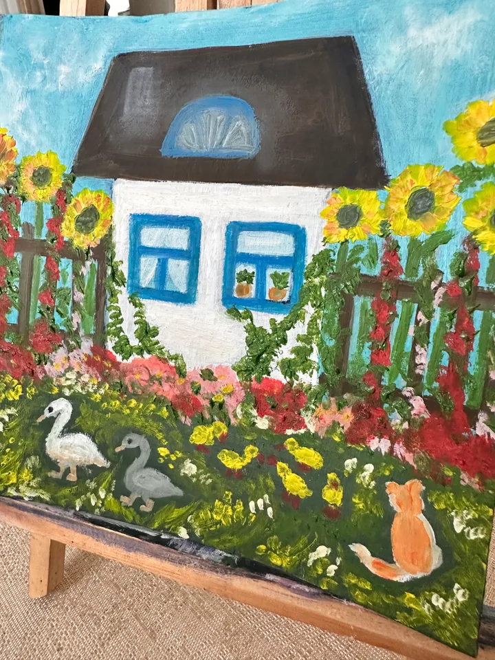 Oil Painting House in the Village Summer Rural Landscape Pets and Birds Cardboard 8x8 inches 20x20 cm Wall Decor