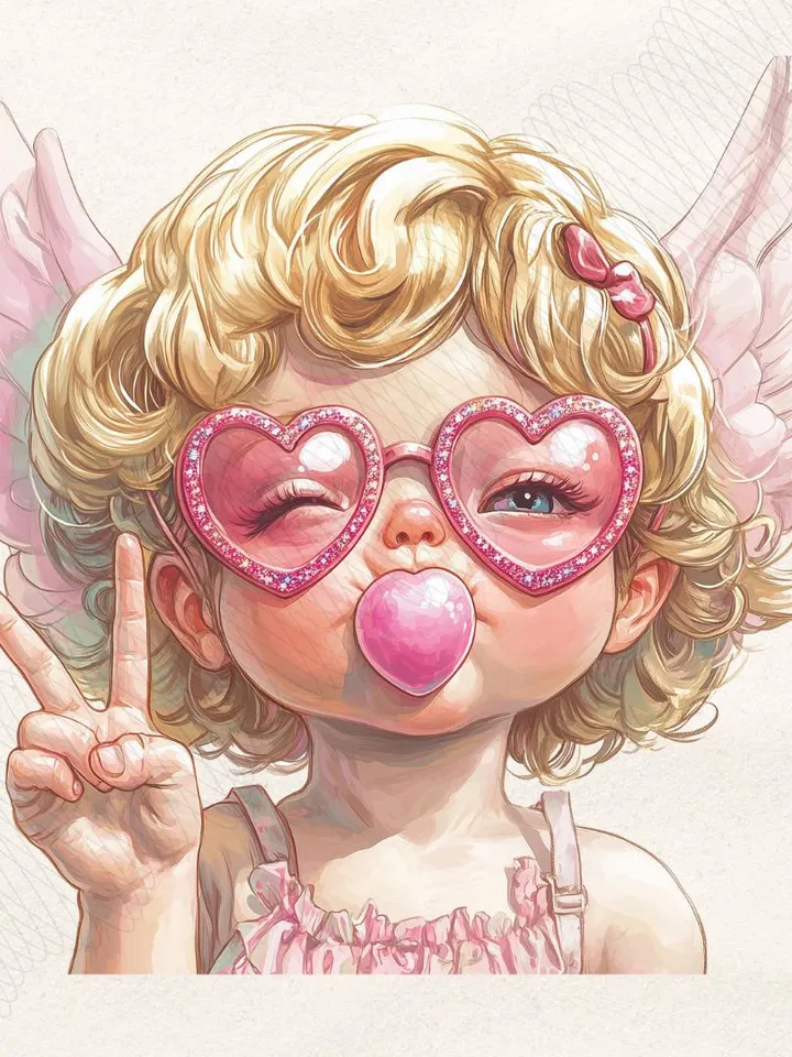 Retro Cupid Valentines Day Blowing Bubble PNG, Vintage Valentines Day png, Funny Cupid With Sunglasses png, Valentines Day png, Cupid png