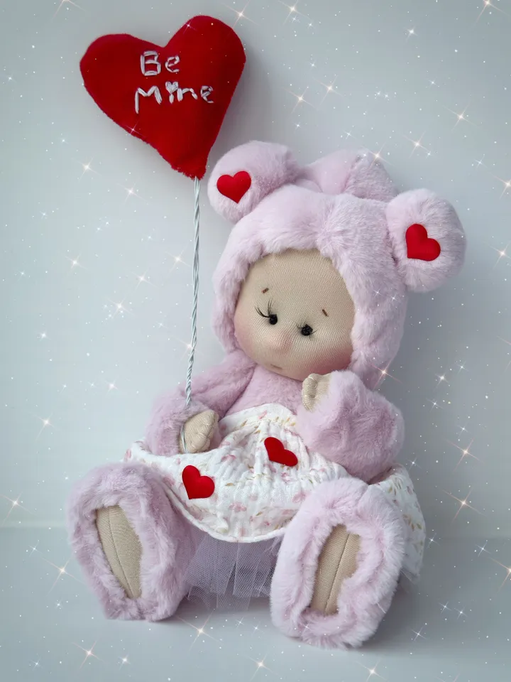 Memory bear doll. Handmade Valentine doll. Soft plush doll with heart. Gift for her.