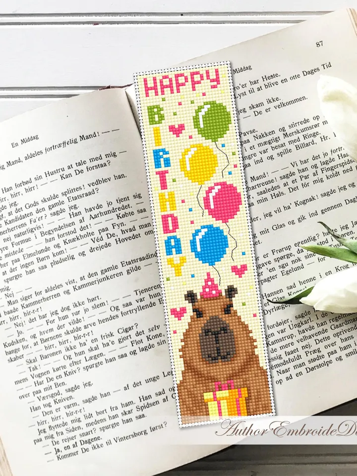 Birthday bookmark cross stitch pattern PDF download Funny capybara cross stitch chart, Bookmark pattern digital PDF, Happy birthday #B461