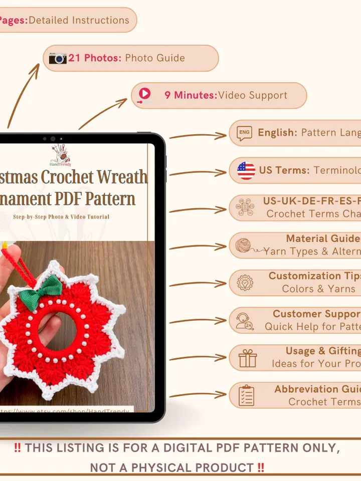 Christmas Crochet Wreath Ornament PDF Pattern – Easy DIY Holiday Decoration, Red & White Crochet Wreath with Pearls and Bow