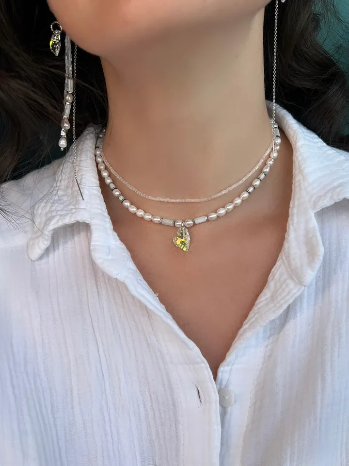 Natural Pearl Swarovski pendant Jewelry Set Necklace Earrings DIAMOND LOVE