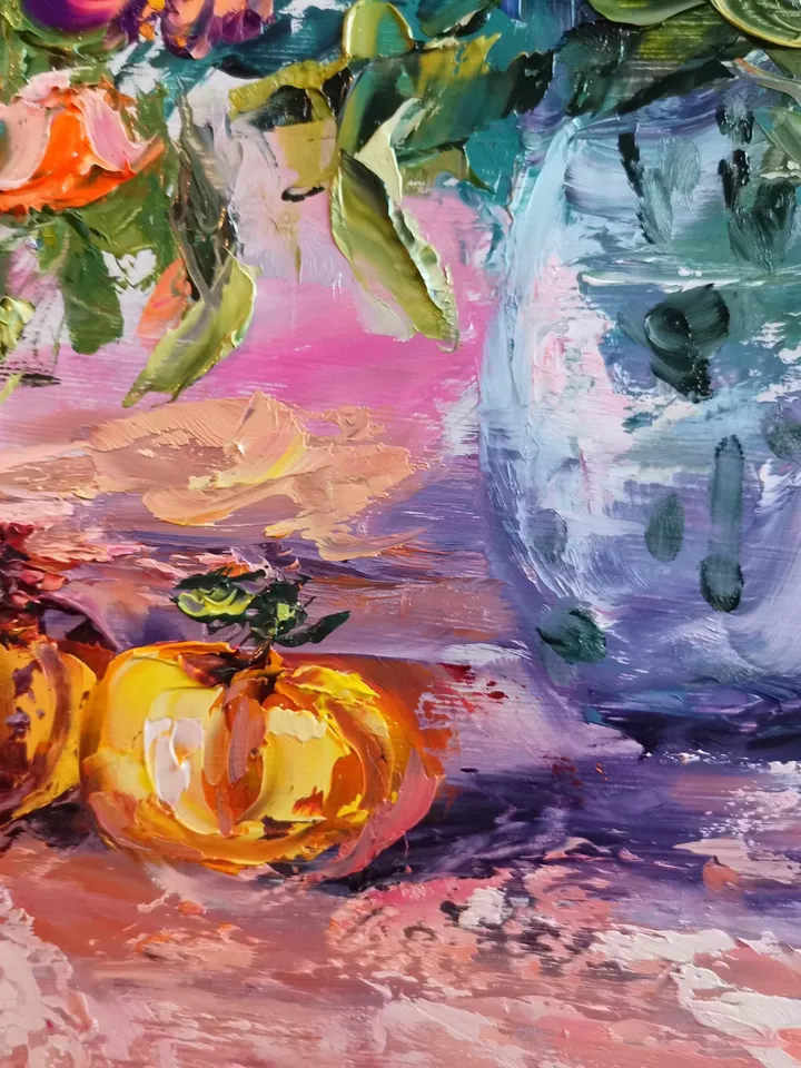 Pomegranate Flowers Apple Impasto Fruits Oil Painting Original Artist Svinar Oksana