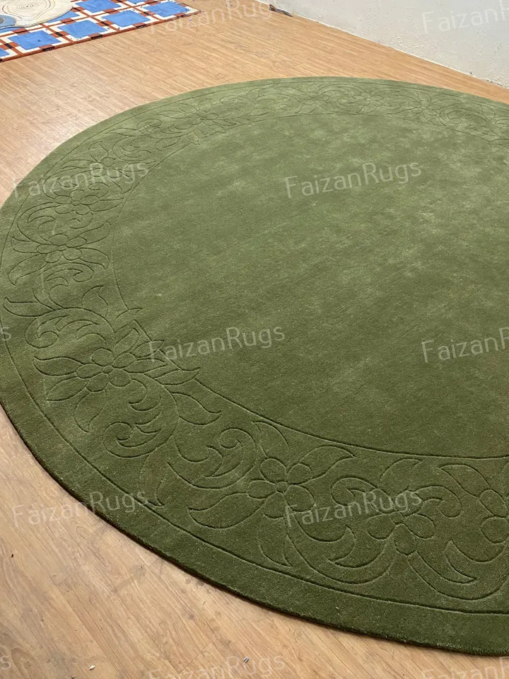 Ready to Ship 11x11 Green Hand Tufted Rug | Hand Carving Rug | Circle Shape Rug 100% Wool For Kids Room | Living Room | Bed Room Nursery