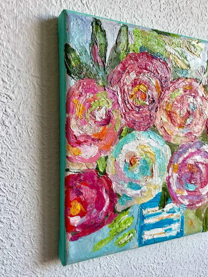 Pink Rose painting, Original Flower oil Painting canvas Fauvism style art