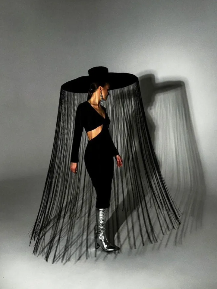 fringed hat, hat with threads, hat for photo shoot, black hat with long threads