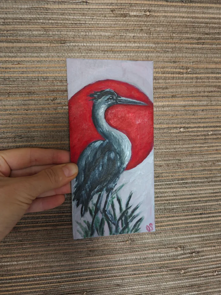 Japanese Crane Bird Original Painting Crane Bird Artwork Japanese Style Crane Modern Art Japanese Crane Red Sun Oil Painting 4 x 8 inches by OlgaSokolovaArt