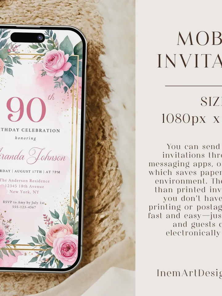 90th Birthday Invitation for Women – Pastel Dusty Pink Floral & Gold, Elegant Printable Party Invite for Grandma or Mom, Canva Template