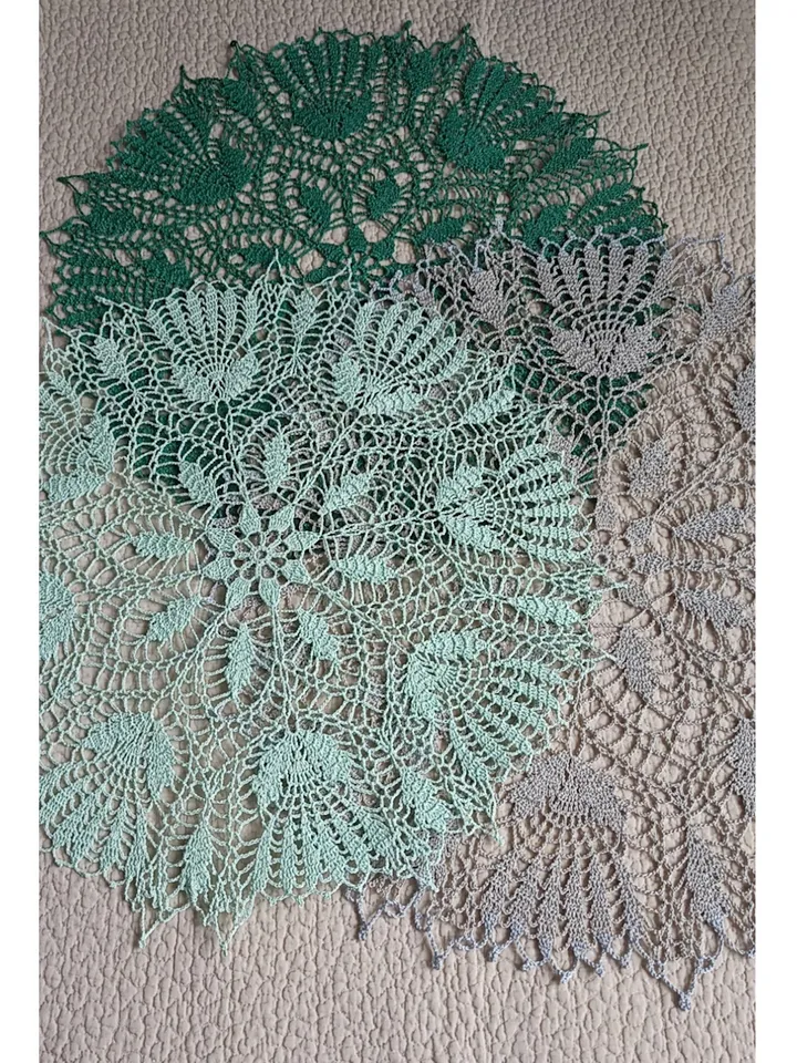 Hand crocheted large emerald mint doily gray-beige tablecloth 18.50-20.47 inches