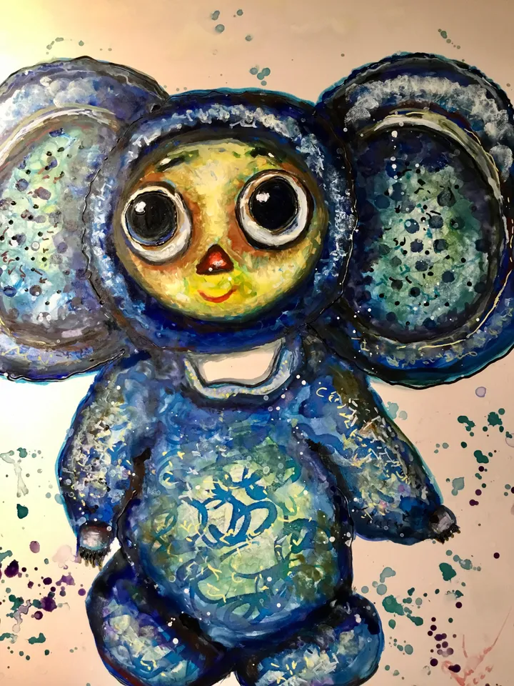 Cheburashka toy original painting,handmade mix media painting on yupo paper,kids room painting,wall decoration,gift,one of a kind