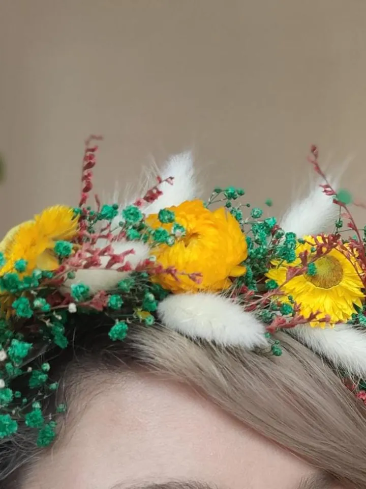 natural dried flower crown, Green adult crown, Suitable for daily use, cotton grass, chamomile, tatarika grass,