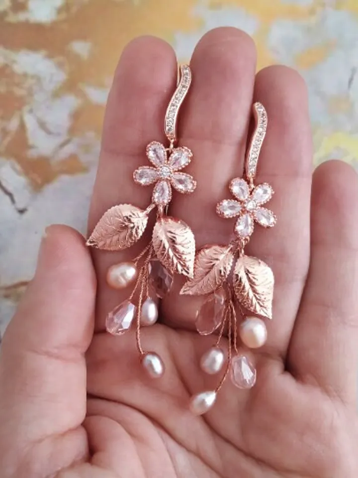 Rose Gold Diamond Bridal Earrings | Boho Statement Wedding Earrings | Floral Wedding Jewelry | Bridesmiad Gift | Pearl Bridal Jewelry |