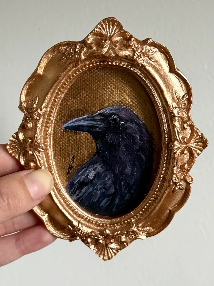 Framed Raven Painting Small Original Corvid Artwork Crow Art Tiny Oil Painting Bird Oval Frame