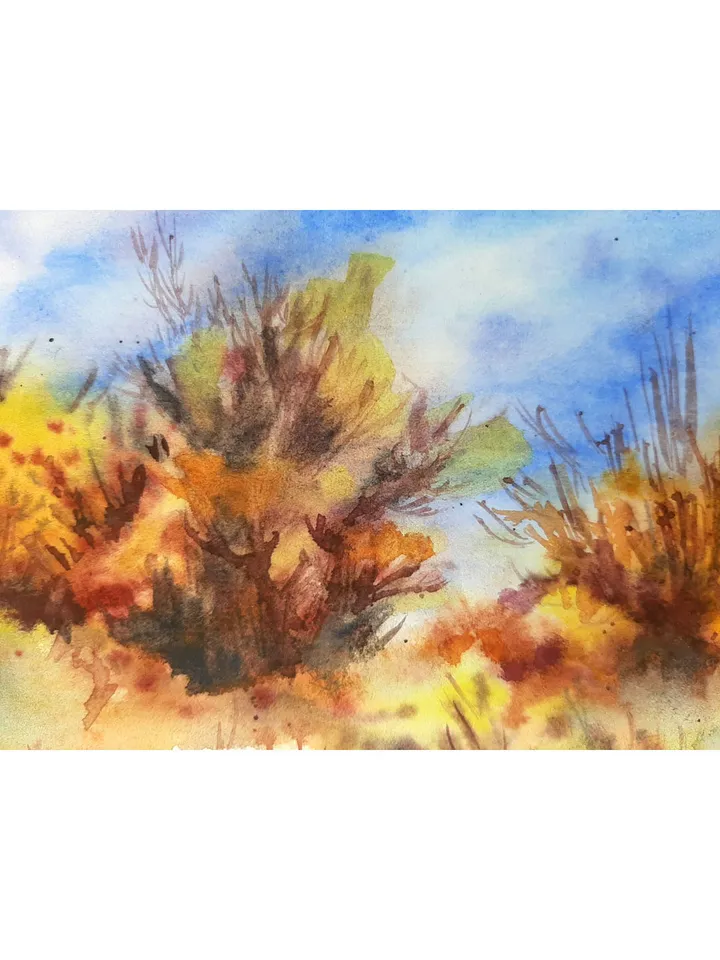 Golden Autumn Bright fall day ORIGINAL Watercolor Painting colorful Small Art Signed by artist Marina Chuchko 5,5x8 inches