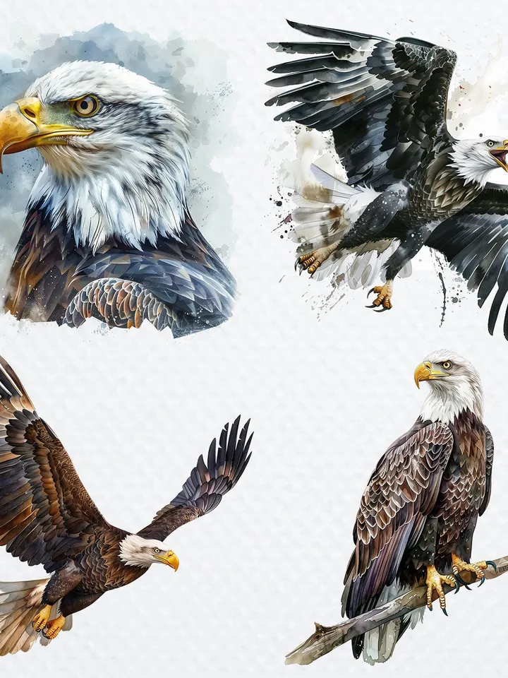 18 Eagle PNG Bundle, Watercolor Bald Eagle clipart, Printable Eagle clip art for sublimation, Digital download, Paper craft, junk journals
