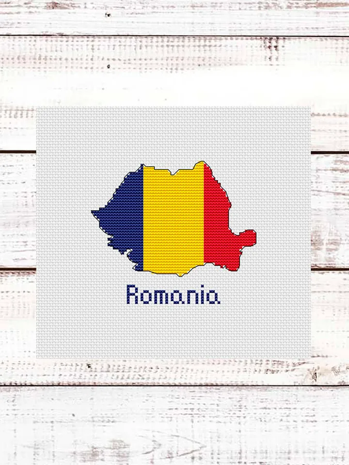 Romania Map Cross Stitch pattern modern, Romanian Flag Xstitch chart PDF