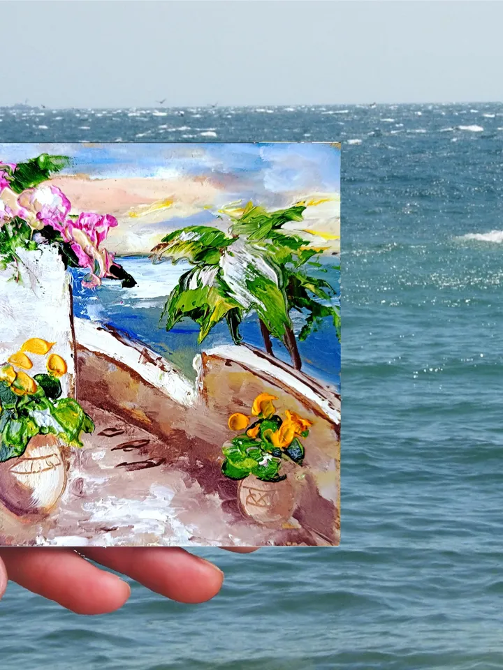 Italian Landscape Painting Italy Original Art Impasto Oil Painting Seascape Wall Art Painting Coast Cityscape 4x4 by ArtProkopaloSv
