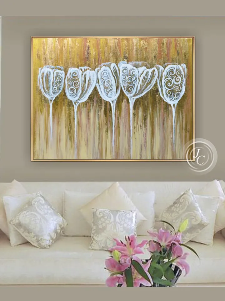 Gold and White Abstract Wall Art Floral Painting Tulips Original art White Flowers artwork by Juliya JC