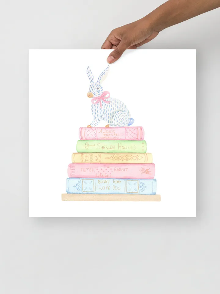 Book And Rabbit Watercolor Painting Print, Gift For Books Lover, Children Book, Book Lover Decor, Stack Of Books,Cute Baby Bunnies Art Print