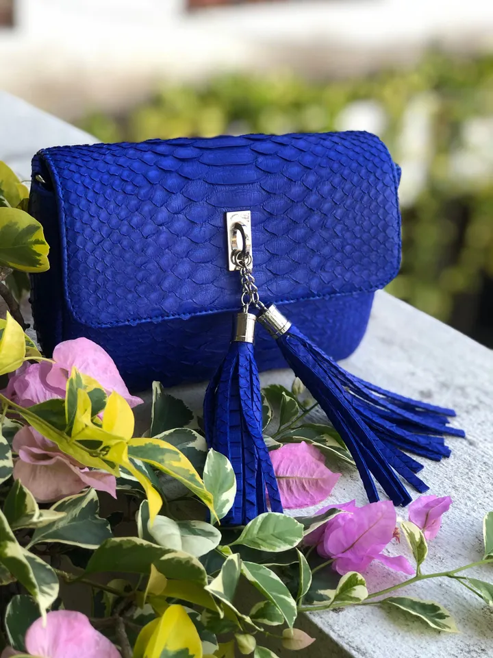 Bright blue Python skin tassel bag | electric blue chain crossbody bag | Leather designer bag | Exotic skin bag | Small crossbody Bag tassel