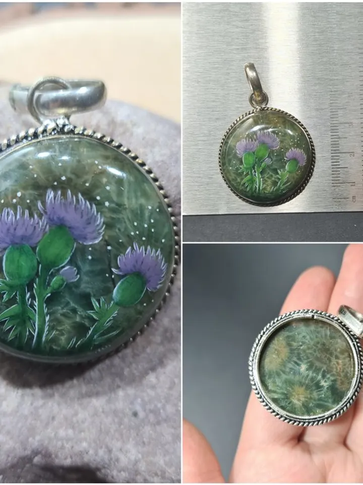 Thistle pendant Oil painting on moss agate. A flower on miniature Stone painting