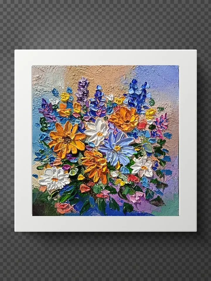 Oil Painting Bright Flowers Chamomile Sunflowers Impasto Art Miniature 6 x 6 in