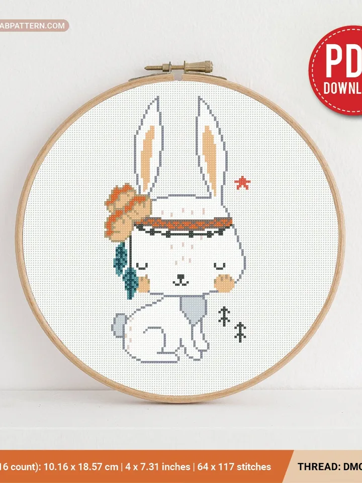 Rabbit Boho Style aesthetic mini cross stitch pattern, baby, animal boy girl nursery decor counted, chart, gift DIY, embroidery, instant PDF