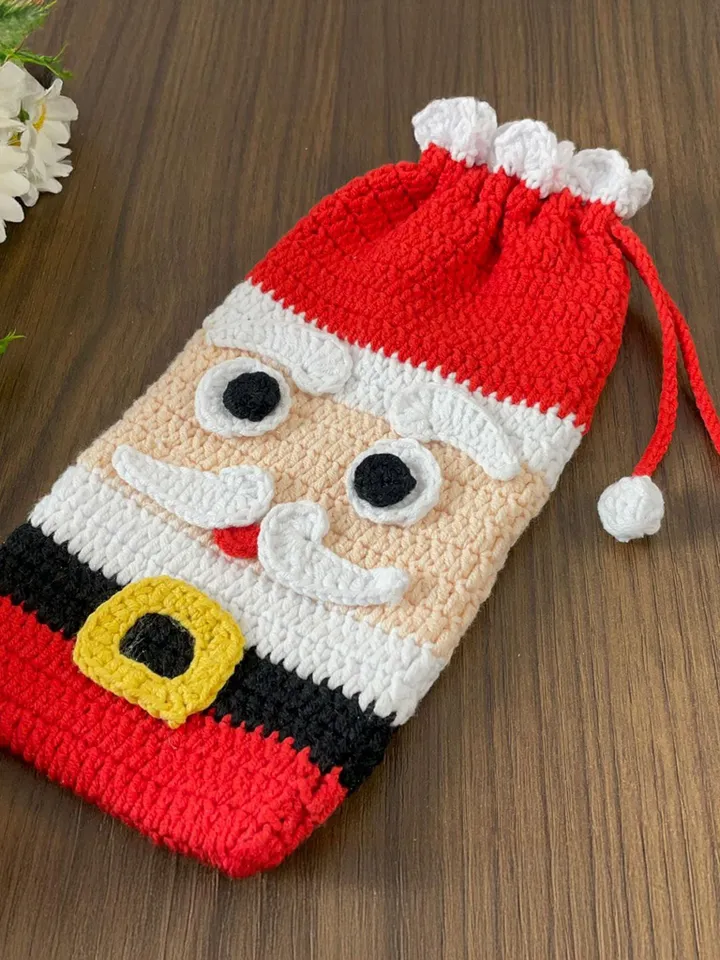Crochet Santa Bag, Multi-Purpose Crochet Pouch, Perfect DIY Holiday Bottle Cover Gift, Fun Festive Accessory