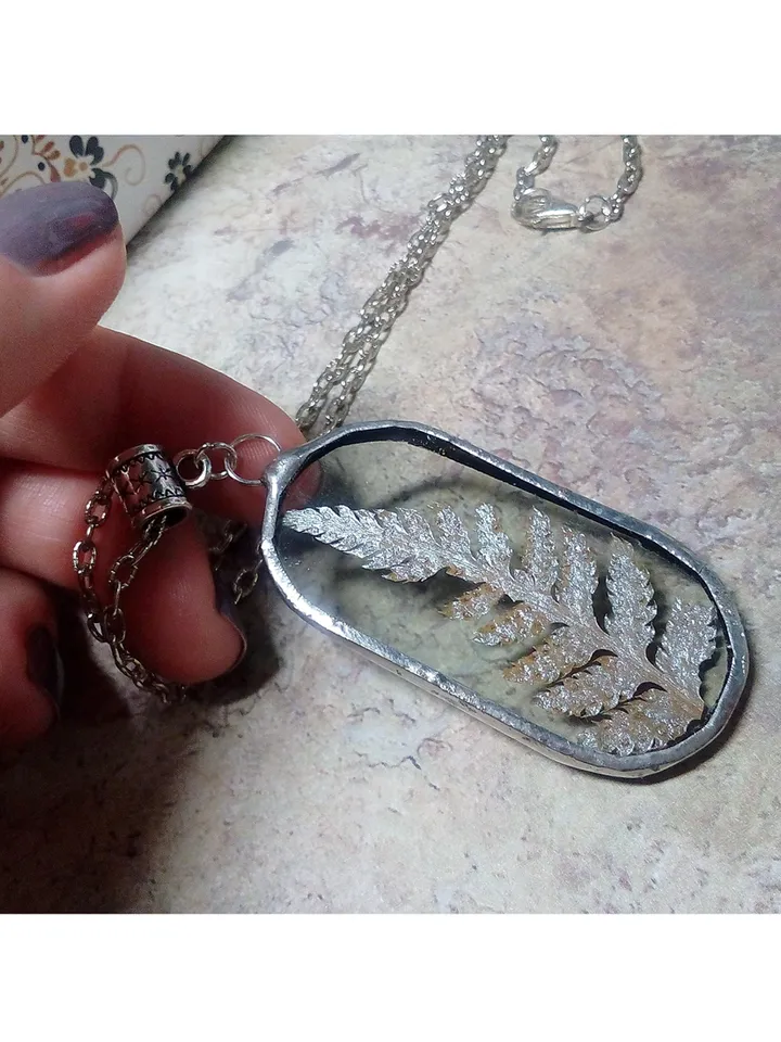 Valentine necklace, Stained glass necklace, pressed fern, Dry fern necklace, Terrarium pendaant