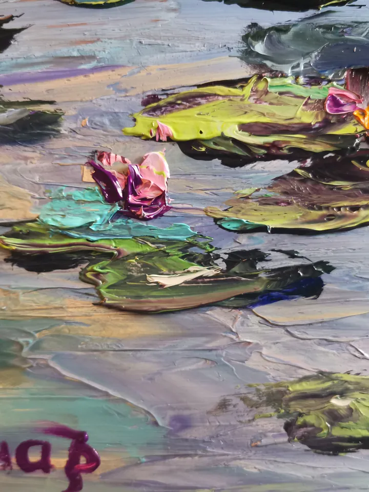 Water Lilies Pond Original Impasto Art Oil Painting Beach Artist Svinar Oksana