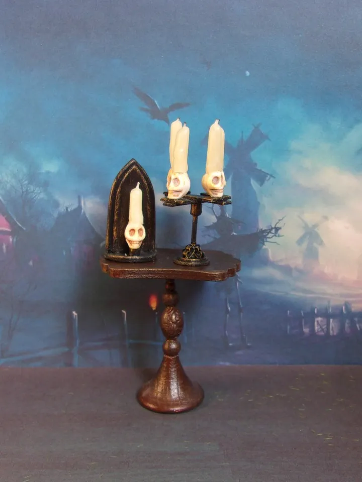 Gothic candlesticks for stylized dollhouse. 1:12. Dollhouse miniature. handmade. Candlesticks with skulls.